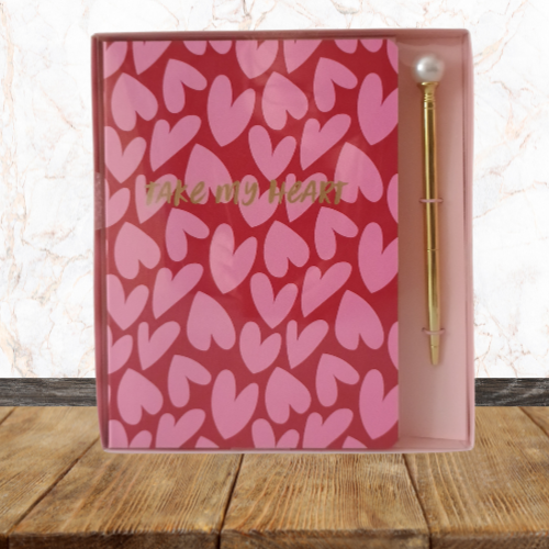 Coffret Carnet - Take My Heart - Joli Stylo doré avec perle