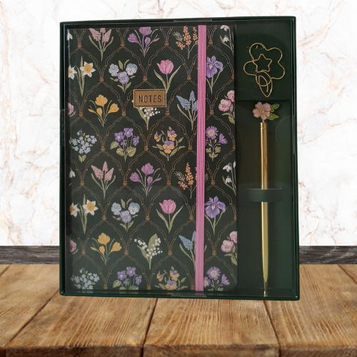 Coffret Carnet - note - Joli Stylo doré avec décoration fleur + trombone fleur doré