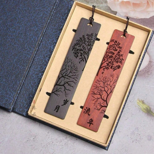 Coffret de 2 Marque-pages en bois d'acajou et perle + boite cadeau