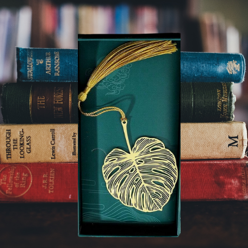 Marque-page en acier inoxydable forme feuille doré avec pompon + boite cadeau